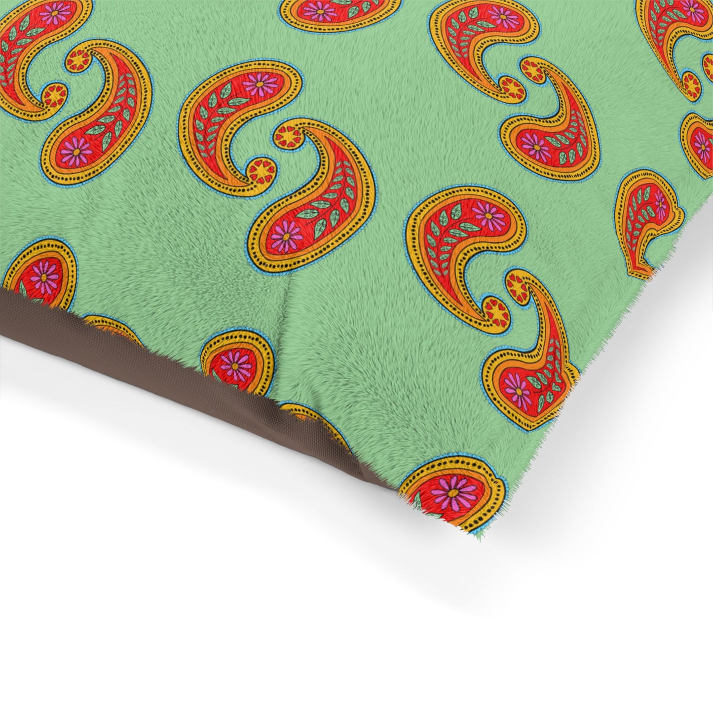 Orange Paisley Pattern Pet Bed | Mint Background, Boho Dog Cushion