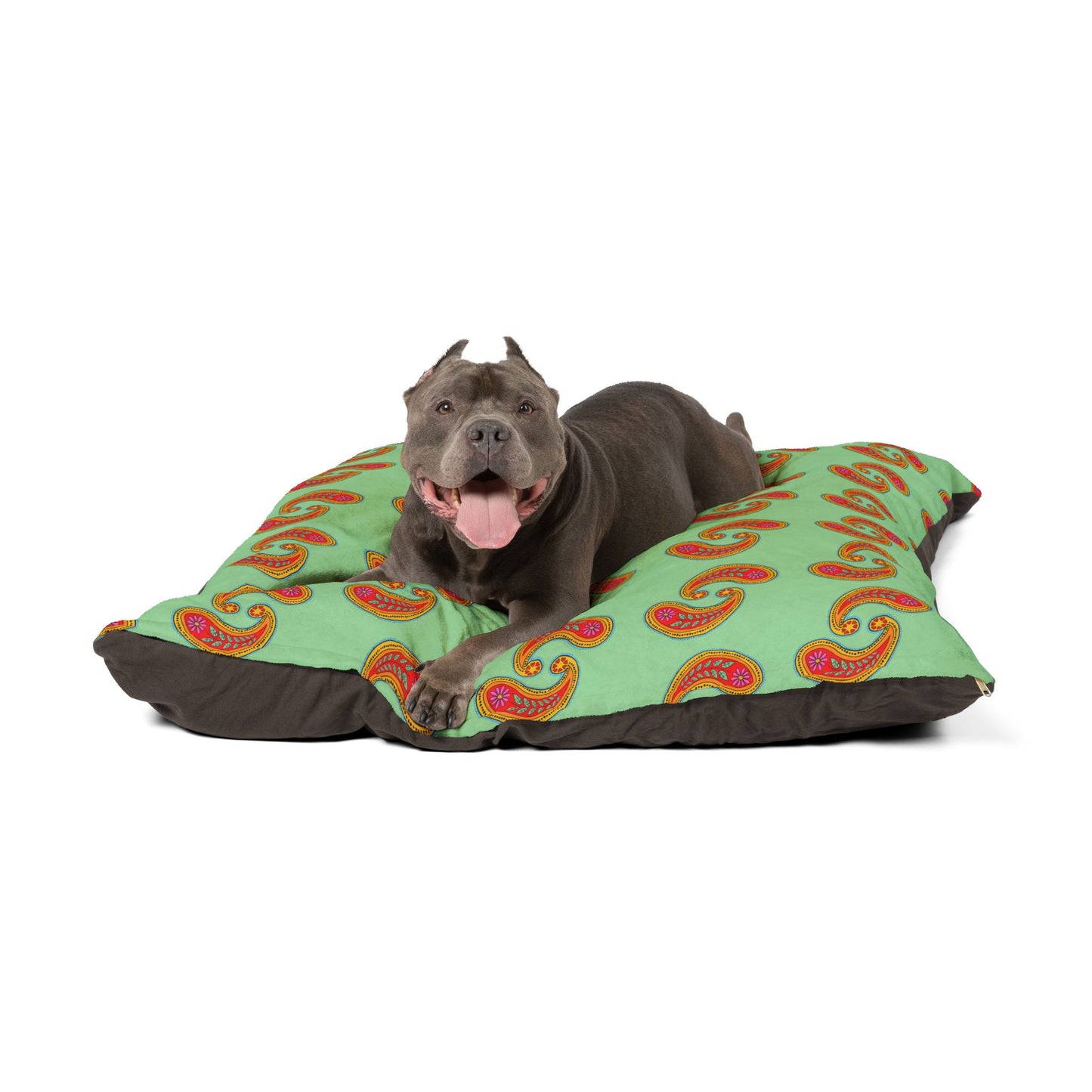 Orange Paisley Pattern Pet Bed | Mint Background, Boho Dog Cushion