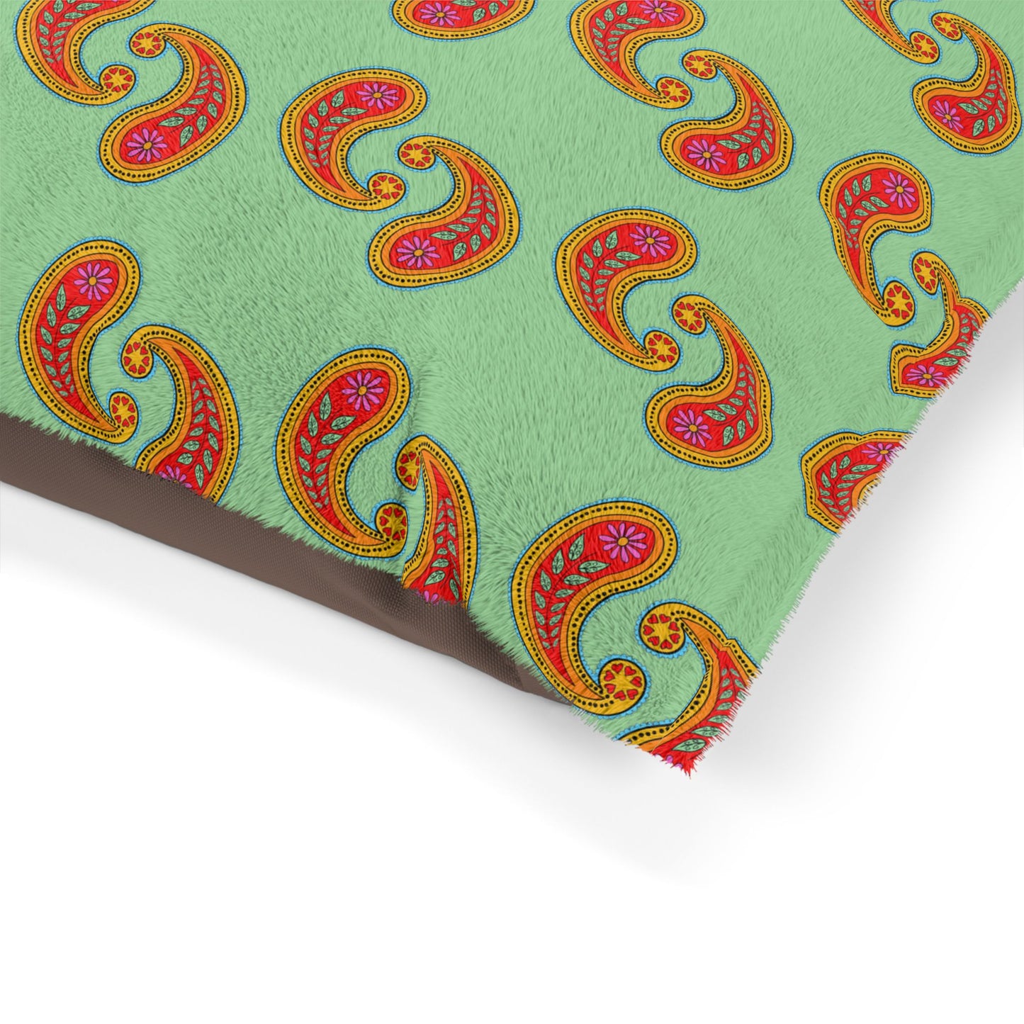 Orange Paisley Pattern Pet Bed | Mint Background, Boho Dog Cushion