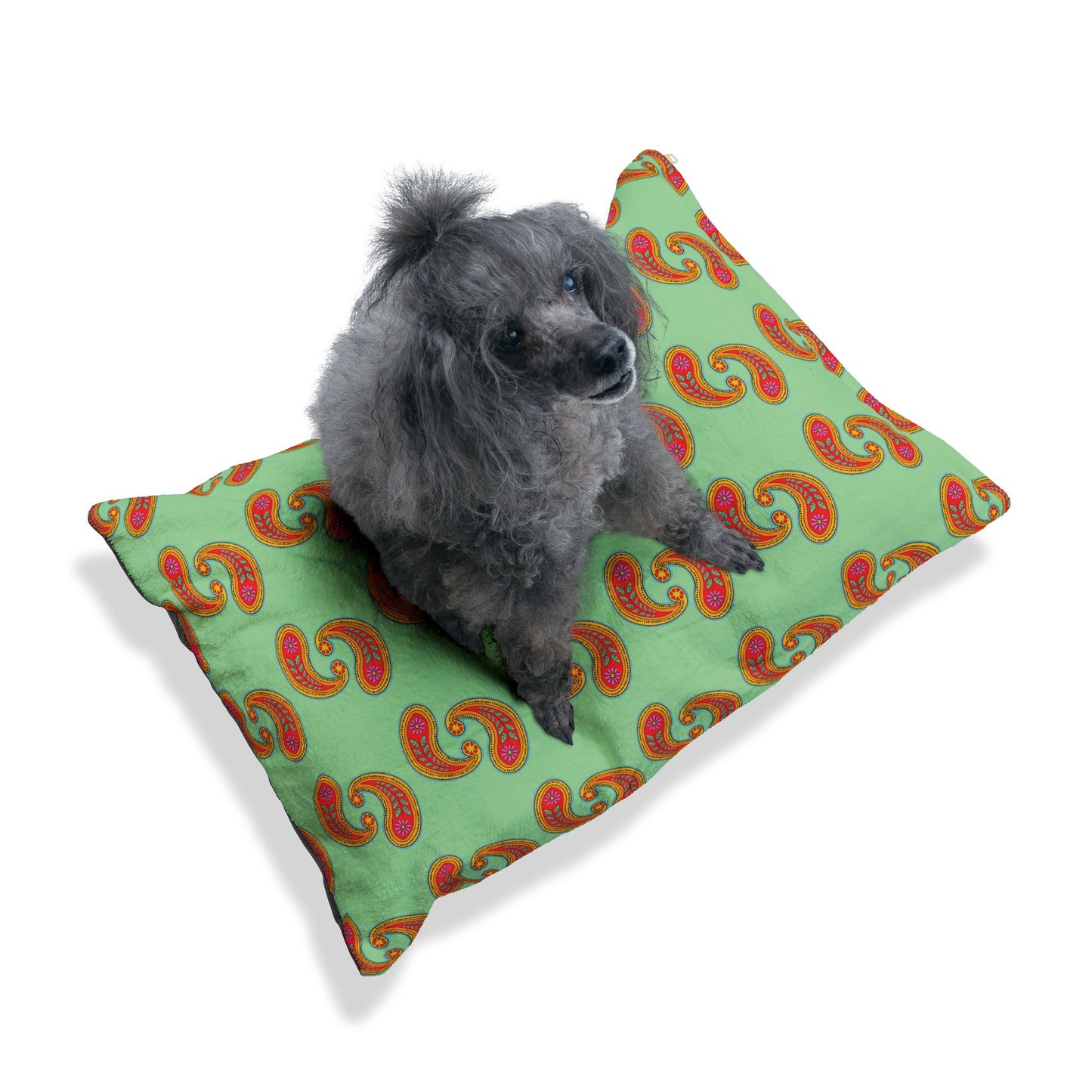Orange Paisley Pattern Pet Bed | Mint Background, Boho Dog Cushion
